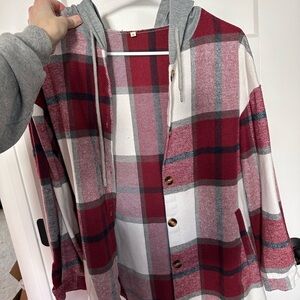 Red Plaid Button-Up Hoodie